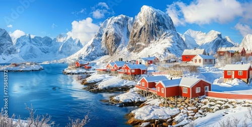 Panoramic view of a small fishing village in the Lofoten archipelago in northern Norway - Red rorbuer on stilts in winter at sunrise in a fjord