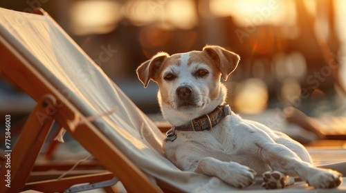 dog relaxing on a fancy deck chair . Puppy relaxing on a fancy red hammock with sunglasses in summer vacation holidays at the beach under the palm tree