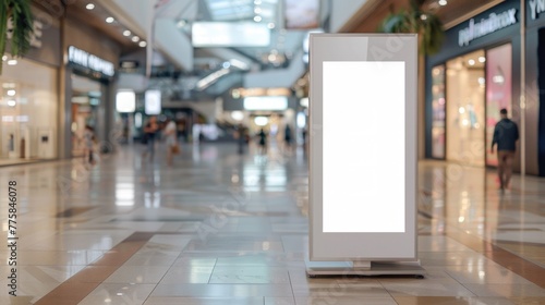Mockup poster stand in shopping center, providing versatile advertising or promotional display.