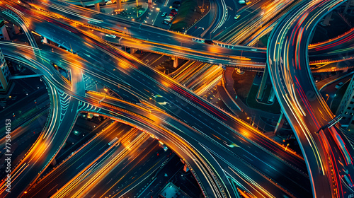 A highway interchange at twilight, with streams of 8K HDR car lights creating mesmerizing patterns in the evening sky.