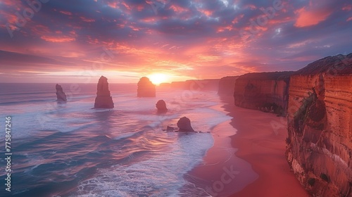 Vibrant Sunset Glow Over Majestic Sea Stacks and Cliffs.