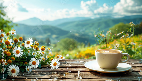 cappuccino amazing mountain view in the summer spring. Enjoy a cup of freshly brewed coffee amidst the stunning blue mountains surrounded by lush greenery and breathtaking views.