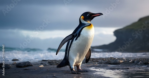 Closeup of a cute penguin walking on the beach