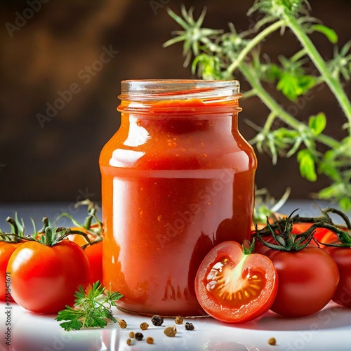 Przecier pomidorowy w słoiku otoczony pomidorami