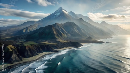 aerial view of beautiful rugged coastline with green mountains meeting blue ocean with white waves crashing on the shore
