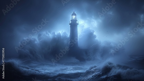 Waves crushing against a lighthouse in a stormy evening