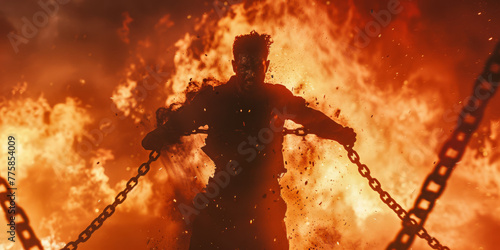 A man escapes from the chains, breaks the chains against the background of a fire and explosion. Freedom concept.