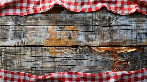 Shabby chic wood planks with vibrant red gingham fabric