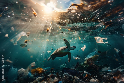 turtle swims underwater pollution garbage