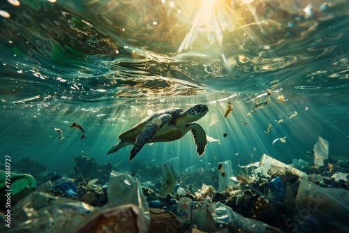 turtle swims underwater pollution garbage