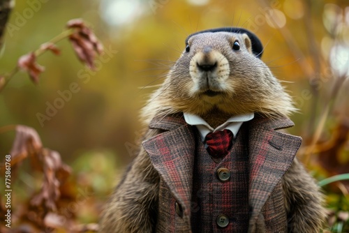 Distinguished Anthropomorphic marmot wearing aristocratic furry coat. Wild animal dressed in medieval cloak with fur. Generate ai
