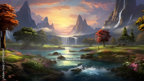 Beautiful fantasy landscape with river and mountain at sunset - illustration for children