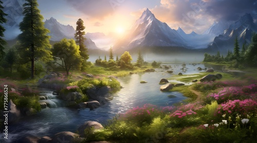 Beautiful panoramic landscape of mountain lake in the evening.