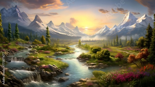 Beautiful panoramic landscape with mountain river and forest at sunset