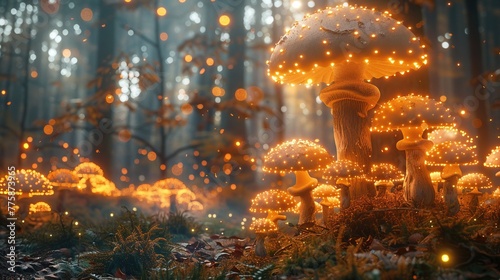 Glowing mushrooms, Forest floor, Creatures of light, Illuminated by bioluminescence, 3D render