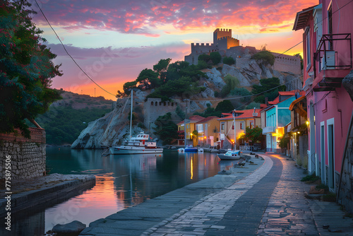 Historic coastal town under serene sunset with luxury yachts in harbor