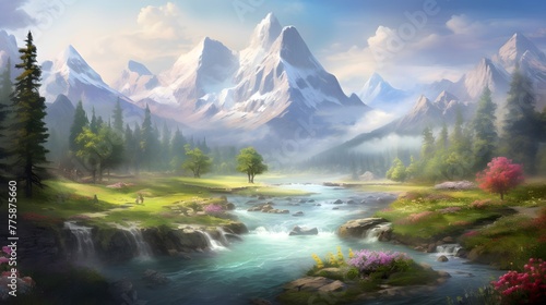 Panoramic view of mountain range and river. Beautiful summer landscape.