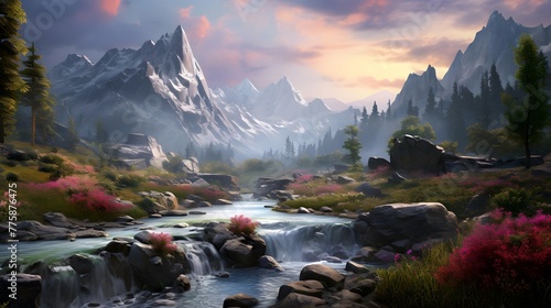 panoramic view of a mountain river in the mountains at sunset