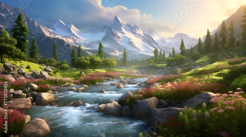 Beautiful panoramic view of alpine meadow and river