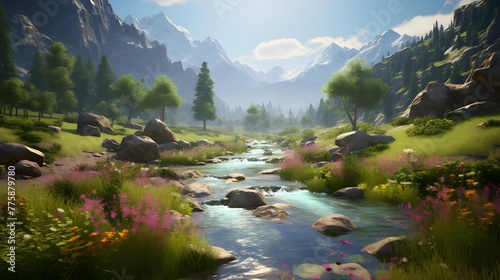 Panoramic view of a mountain river in the valley with flowers