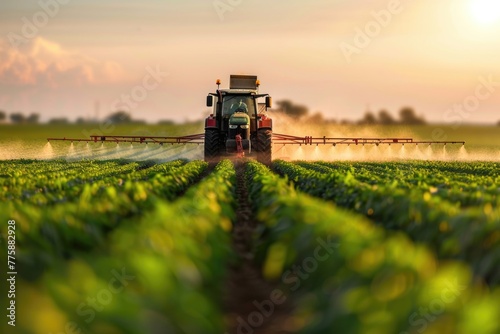 A tractor spraying pesticide on a green field. Suitable for agricultural concepts