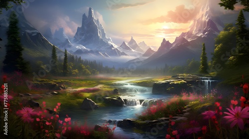 Digital painting of a mountain landscape with a river and pink flowers.