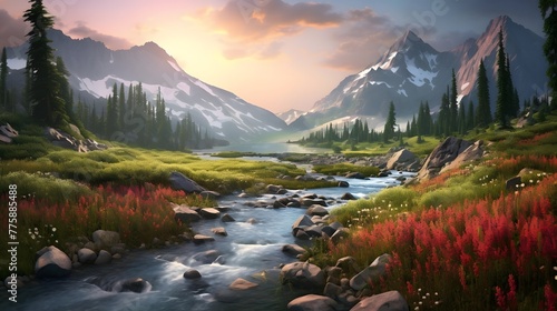Panoramic view of alpine meadow and mountain river at sunset