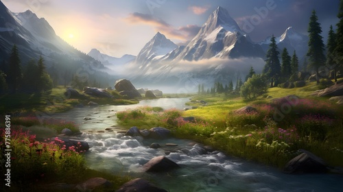 Panoramic view of the river in the mountains. Summer landscape.