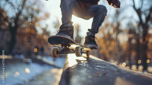 Color photo of skateboard, pro skateboarder. 