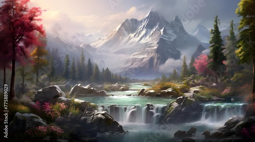 Mountain landscape with river and forest. Panoramic view.