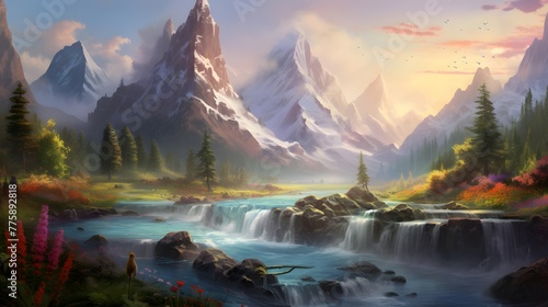 Beautiful panoramic landscape of mountains and river. Digital painting.