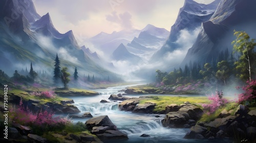 Beautiful panoramic view of a mountain river in the morning