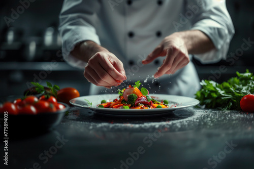 Chef crafting a vegan haute cuisine dish with fresh ingredients