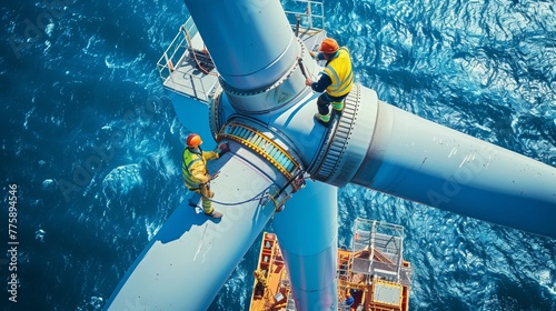 Engineers Inspecting and repairing wind turbine at the offshore platform