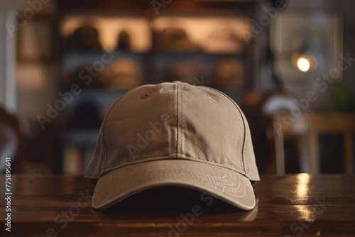 A baseball cap placed on a wooden table. Suitable for sports or fashion themes