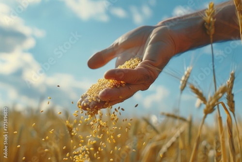A person holding a handful of grain. Suitable for agricultural concepts