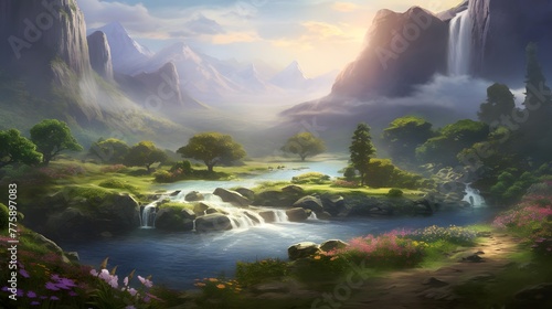 Panoramic view of mountain river and forest at sunrise. Digital painting.