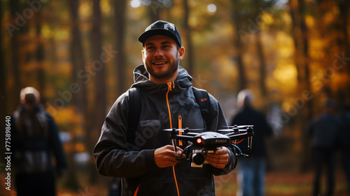 Smiling man in cap controls drone in sunlit autumn forest portrait image. Outdoor leisure photography. UAV hobbyist closeup picture photorealistic. Technology concept photo realistic