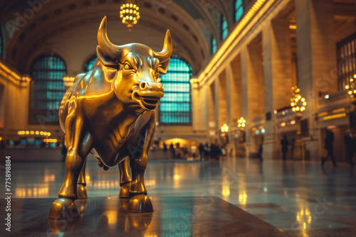 conic Presence: Golden Bull Amidst Stock Exchange Grandeur