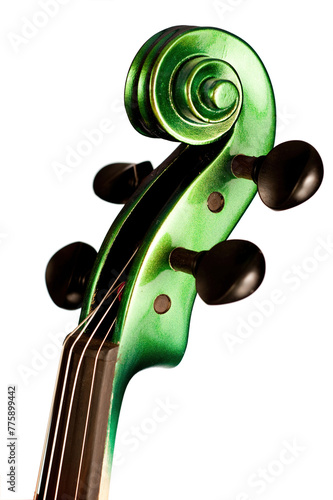 A green electric violin with black tuning pegs and a black chin rest. It has a glossy finish and four strings. The instrument is isolated on a white background.