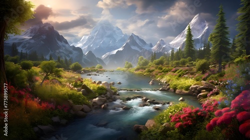 Panorama of a mountain river in the forest at sunset. Beautiful summer landscape