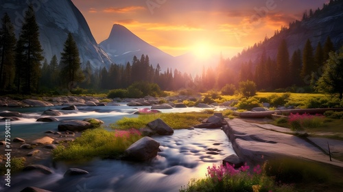 Panorama of the mountain river at sunset. Beautiful natural landscape.