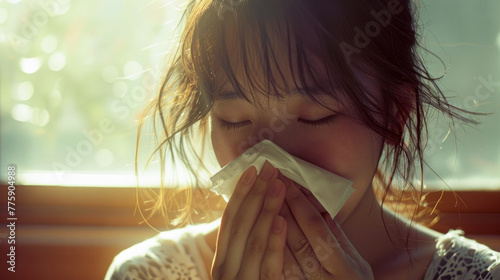 A young woman, visibly unwell and suffering from a cold, is seen blowing her nose into a handkerchief, seeking relief from her symptoms