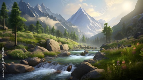 Mountain landscape with a river in the foreground. Panoramic view.
