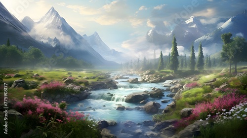 Panoramic view of the mountain range and the river. Spring landscape.