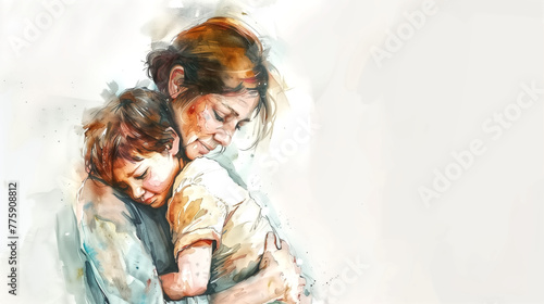 Watercolor illustration of a mother and son hugging each other o