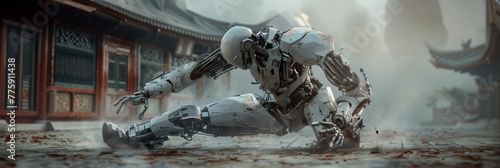 Cyborg performing fluid kung fu sequences, with detailed mechanical joints and traditional Chinese dojo elements, capturing the essence of futuristic combat