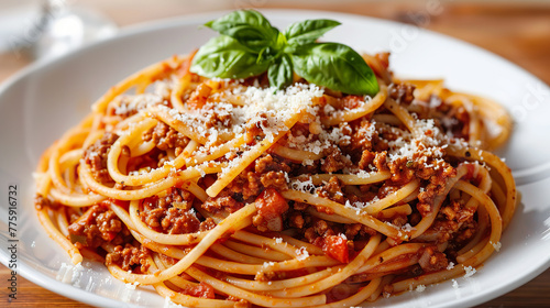 Hearty Bolognese Spaghetti with Parmesan and Basil