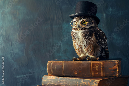 Wise owl wearing glasses and bowler hat standing isolated on vintage old books on dark background with copy space