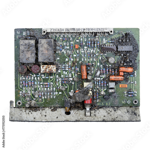 Dirty and ruined deteriorated electronic circuit board Computer TV Radio